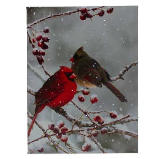Lighted Red Cardinals &#x26; Berries Christmas Canvas Wall Art